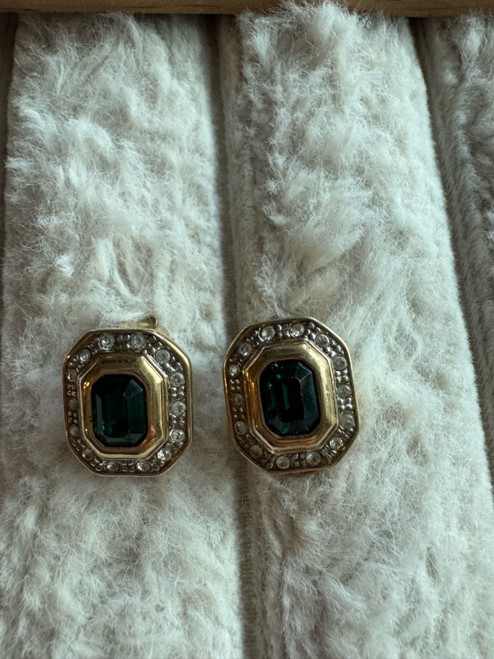 Vintage Gio Gold Tone Green Emerald Cut Rhinestone Pavé Clip-On Earrings